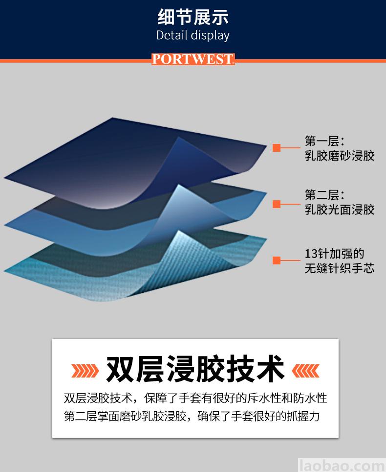 防水双层乳胶手套尼龙弹性袖口手掌磨砂浸胶Portwest波伟斯特AP80